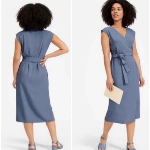 Everlane Womens Japanese Go Weave Wrap Midi Dress 14 Blue V Neck Casual Workwear - Picture 1 of 8